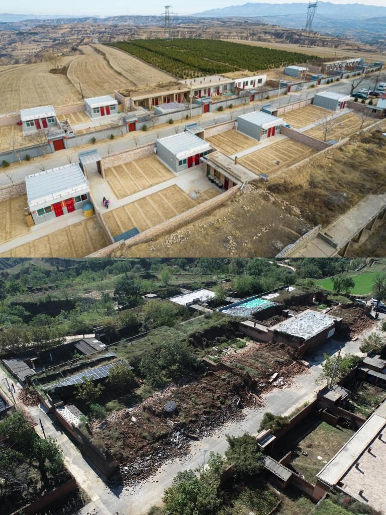 拼版照片，上圖是2022年1月山西省霍州市師莊鄉(xiāng)馮南垣村災(zāi)后恢復(fù)重建后的場景，下圖是2021年10月村莊因災(zāi)受損的場景。(霍州市委宣傳部供圖)