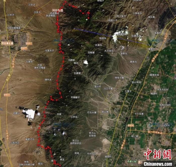 圖為雪豹在春節(jié)前后的活動(dòng)軌跡。　內(nèi)蒙古賀蘭山國(guó)家級(jí)自然保護(hù)區(qū)供圖