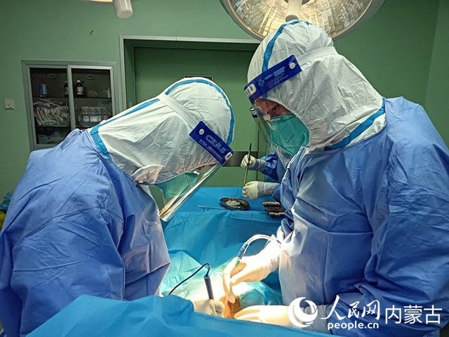 醫(yī)護(hù)人員正在為新冠肺炎合并腸梗阻腸穿孔的尿毒癥患者實(shí)施急診手術(shù)。呼和浩特市第一醫(yī)院供圖