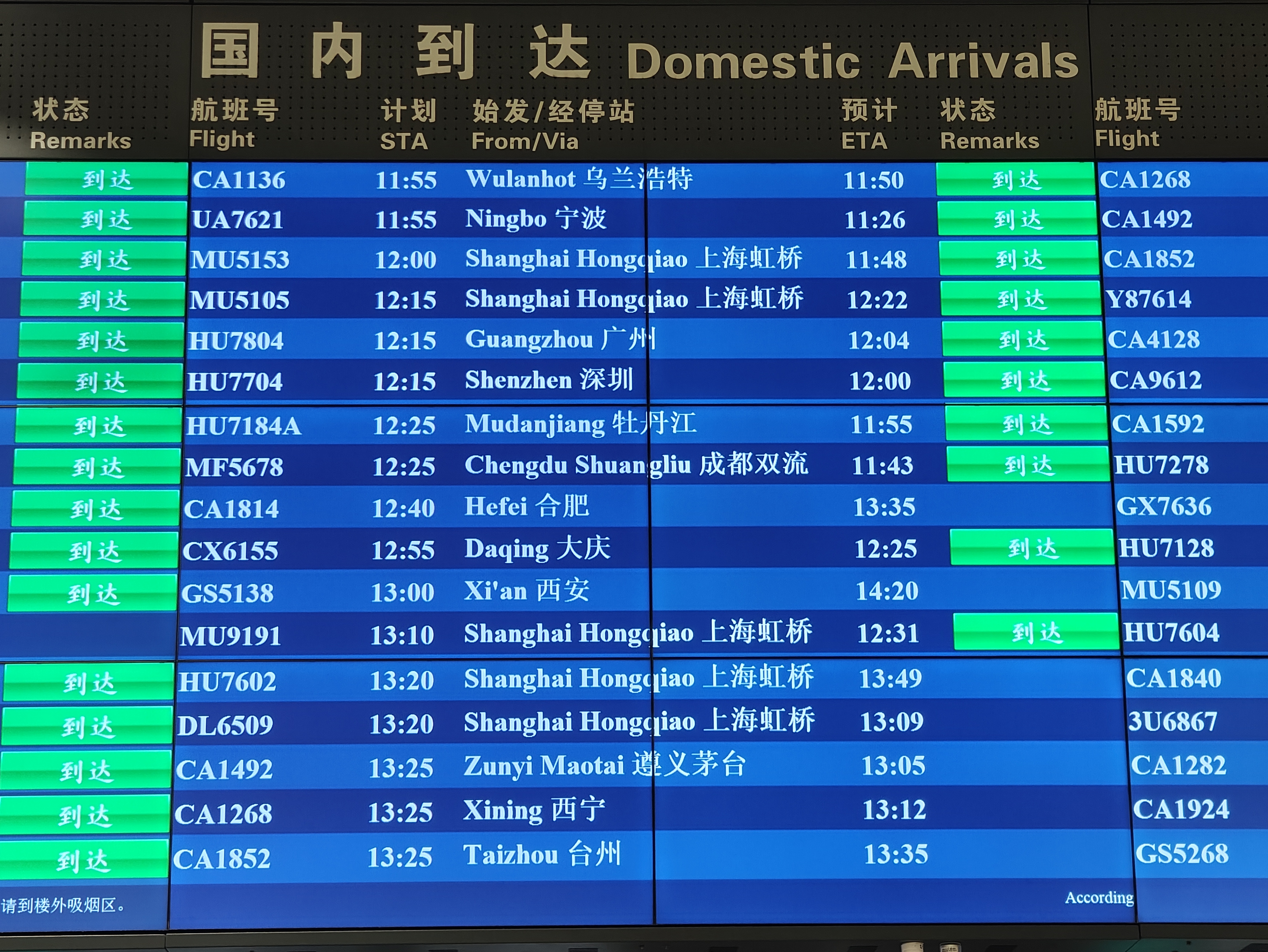 首都機(jī)場大屏顯示，MU9191航班于12:31順利到達(dá)。人民網(wǎng)記者 夏曉倫攝