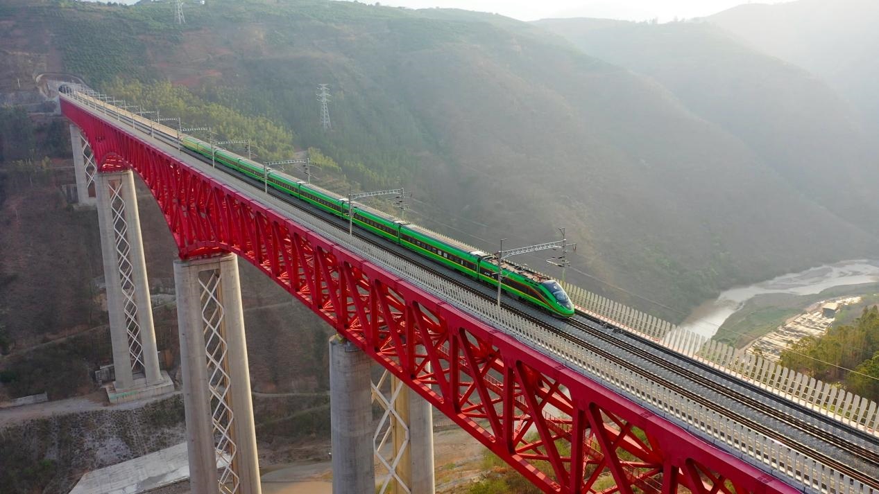 中老鐵路國際旅客列車在云南省境內(nèi)的元江特大橋上飛馳。姚巍攝