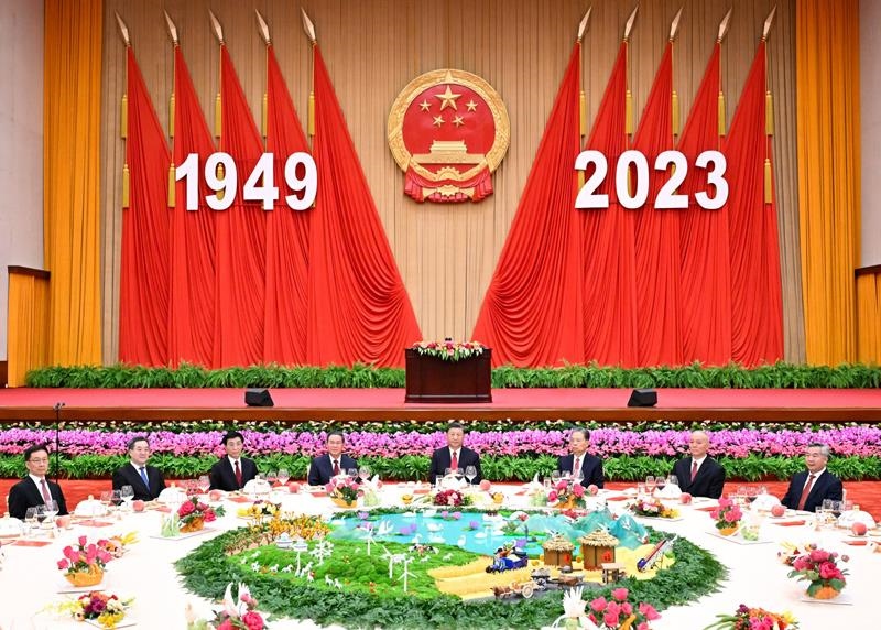 △2023年9月28日，慶祝中華人民共和國成立74周年招待會在北京人民大會堂舉行。