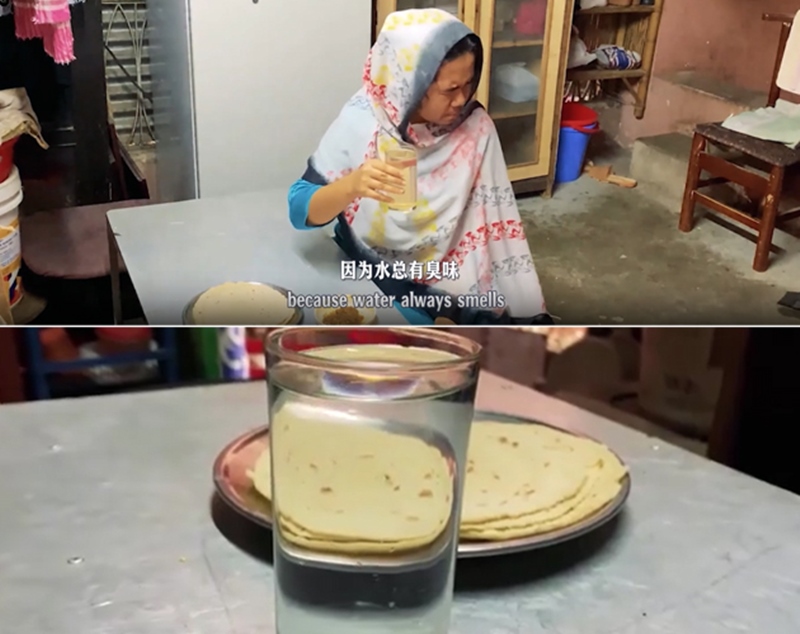 圖為紀實短片截圖：上圖為水質未改善前，飲用水發(fā)黃渾濁；下圖為水廠建成后，飲用水水質明顯改善，清澈透明。