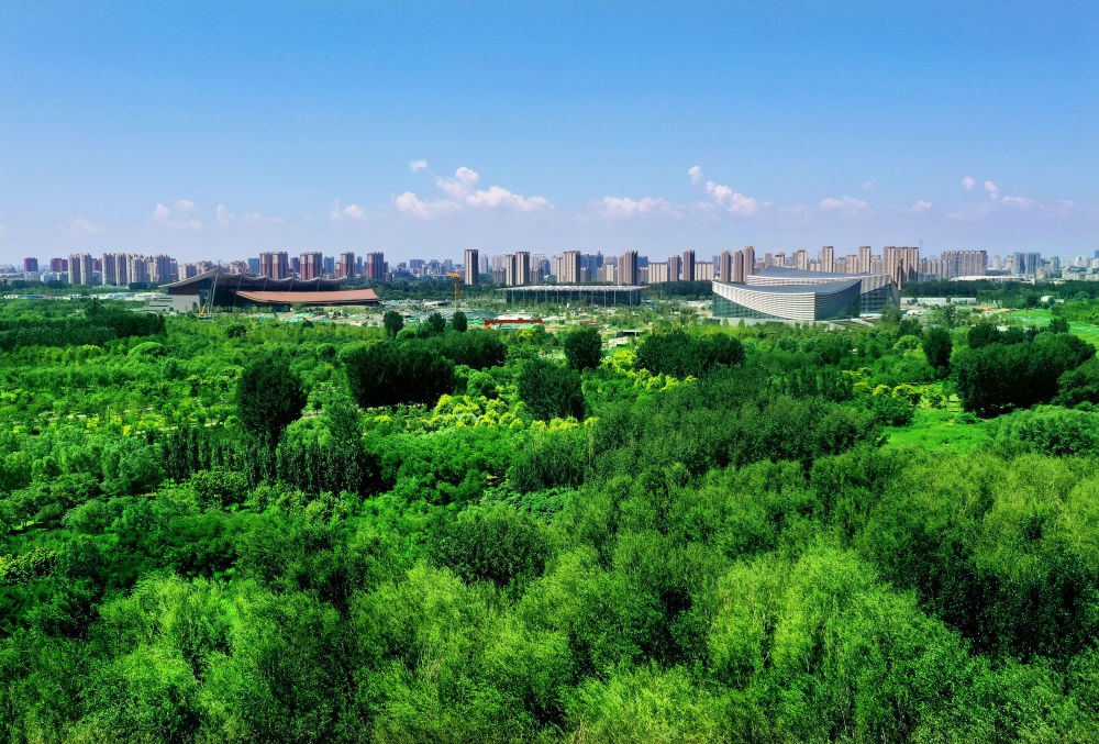 北京東方化工廠舊址建成的綠心公園草木蔥蘢。（馬文曉 攝）