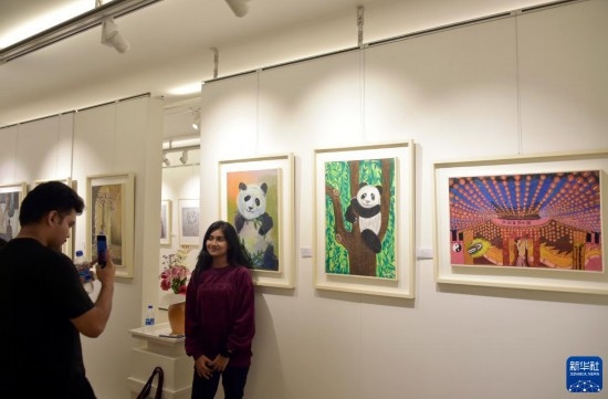 11月22日，在孟加拉國達(dá)卡，人們在“國家印象”繪畫展上參觀拍照。新華社發(fā)（薩利姆攝）