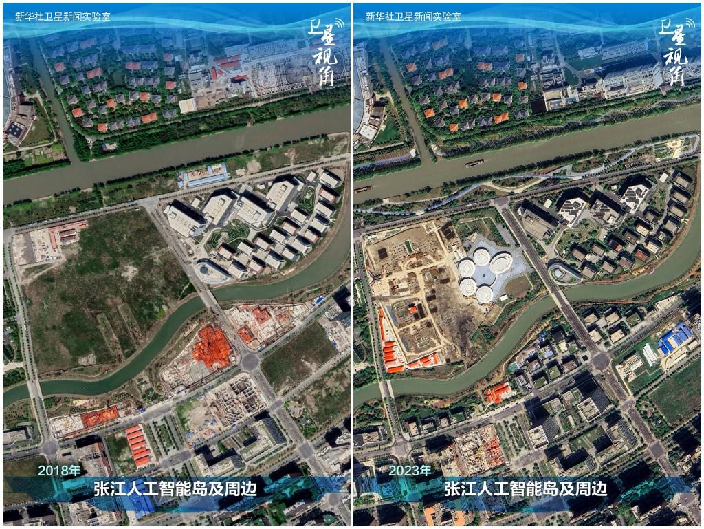 2023年與2018年相比，上海張江科學城內的張江人工智能島建設取得明顯進展。