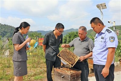  圖②：蒙山法院黃村法庭法官深入蜂蜜合作社，實(shí)地了解蜂農(nóng)需求。