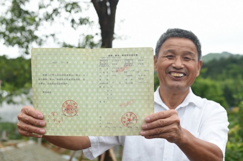 福建武平縣萬安鎮(zhèn)捷文村村民李桂林展示林權改革后領到的全國第一本新式林權證。