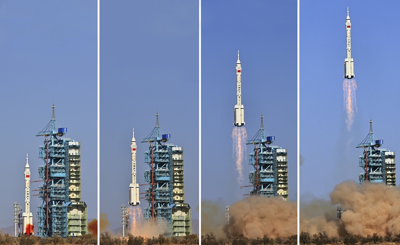 2023年10月26日，神舟十七號(hào)載人飛船發(fā)射升空過程（拼版照片）