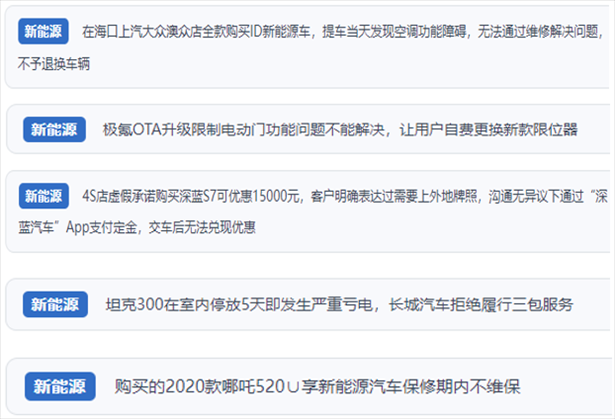 “人民投訴”用戶吐槽新能源汽車功能障礙多發(fā)、升級后配套服務跟不上、虛假優(yōu)惠、保修期內不維保的問題。（“人民投訴”平臺截圖）