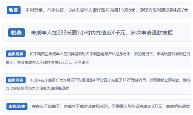 “人民投訴”用戶舉報身份認證成擺設、大額充值無提醒、提供證據被駁回、商家設置退款障礙等未成年人網游消費亂象。（“人民投訴”平臺截圖）