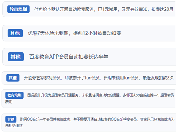 “人民投訴”用戶投訴部分App未征得用戶同意擅自開啟自動扣續(xù)費、以免費試用誘導充值、私自為用戶套開會員等侵權行為。（“人民投訴”平臺截圖）