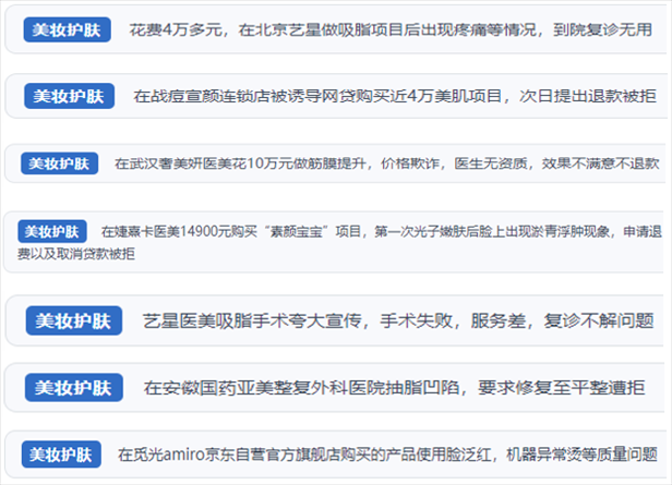 “人民投訴”用戶舉報醫(yī)美未達預期效果或導致身體損傷退款遭拒、機構及服務人員虛假資質、被誘導高額醫(yī)美貸、網購美容儀器質量不過關等問題。（“人民投訴”平臺截圖）
