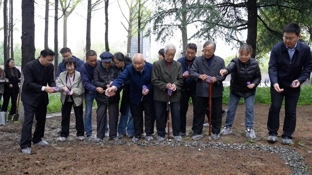 南京大屠殺幸存者代表、死難者遺屬代表等在紀(jì)念館的和平公園里，播撒下紫金草的種子。新華社記者林凱 攝