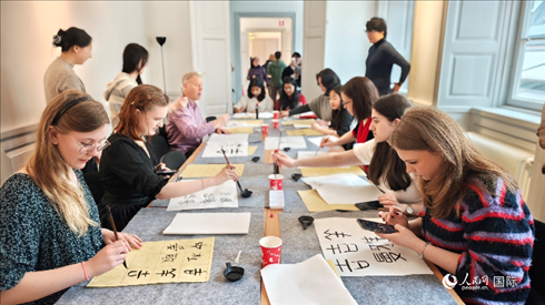 瑞典書法愛好者專心學(xué)習(xí)書法。人民網(wǎng)記者 殷淼攝
