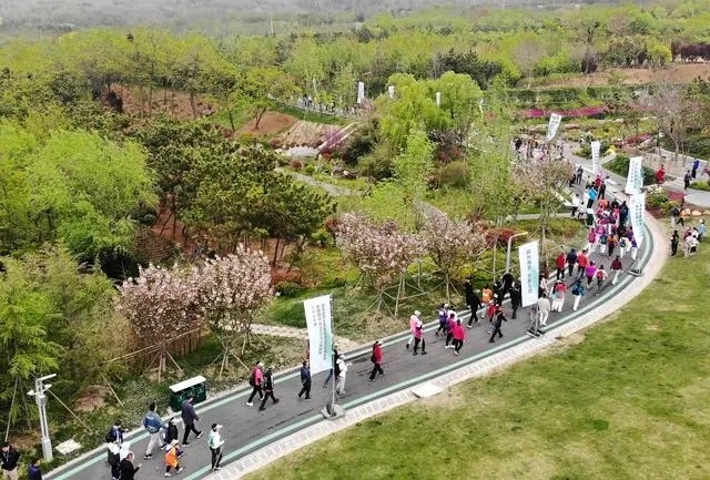 4月27日，登山愛好者在浮山森林公園參加登山健身活動（無人機照片）。新華社記者 李紫恒攝