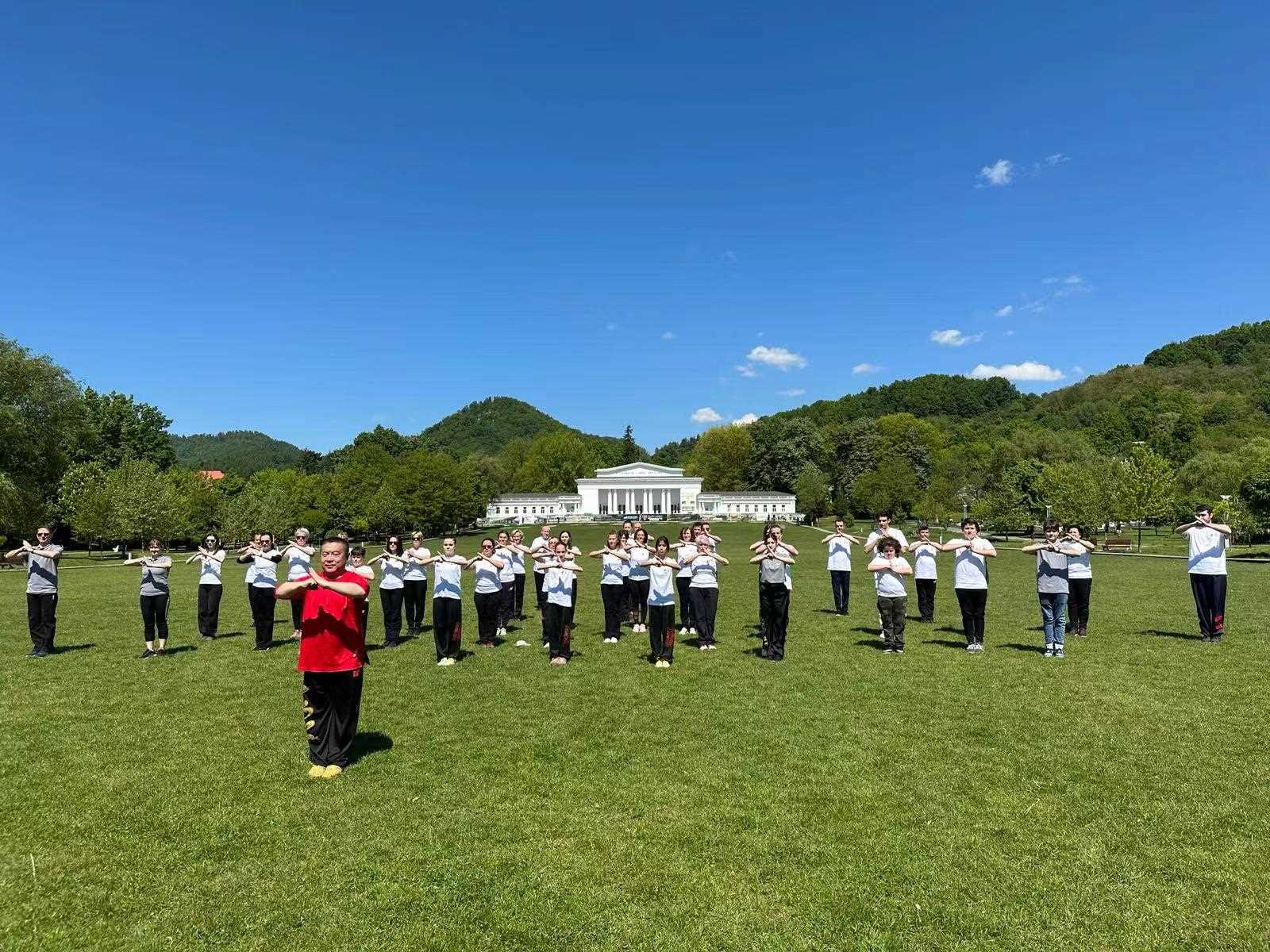 北京體育大學(xué)教授武冬帶領(lǐng)學(xué)員進(jìn)行太極拳演練。布加勒斯特中國文化中心供圖