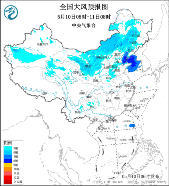 全國大風(fēng)預(yù)報(bào)圖（5月10日08時(shí)-11日08時(shí)）