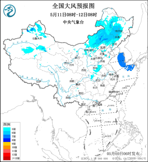 全國大風(fēng)預(yù)報(bào)圖（5月11日08時(shí)-12日08時(shí)）