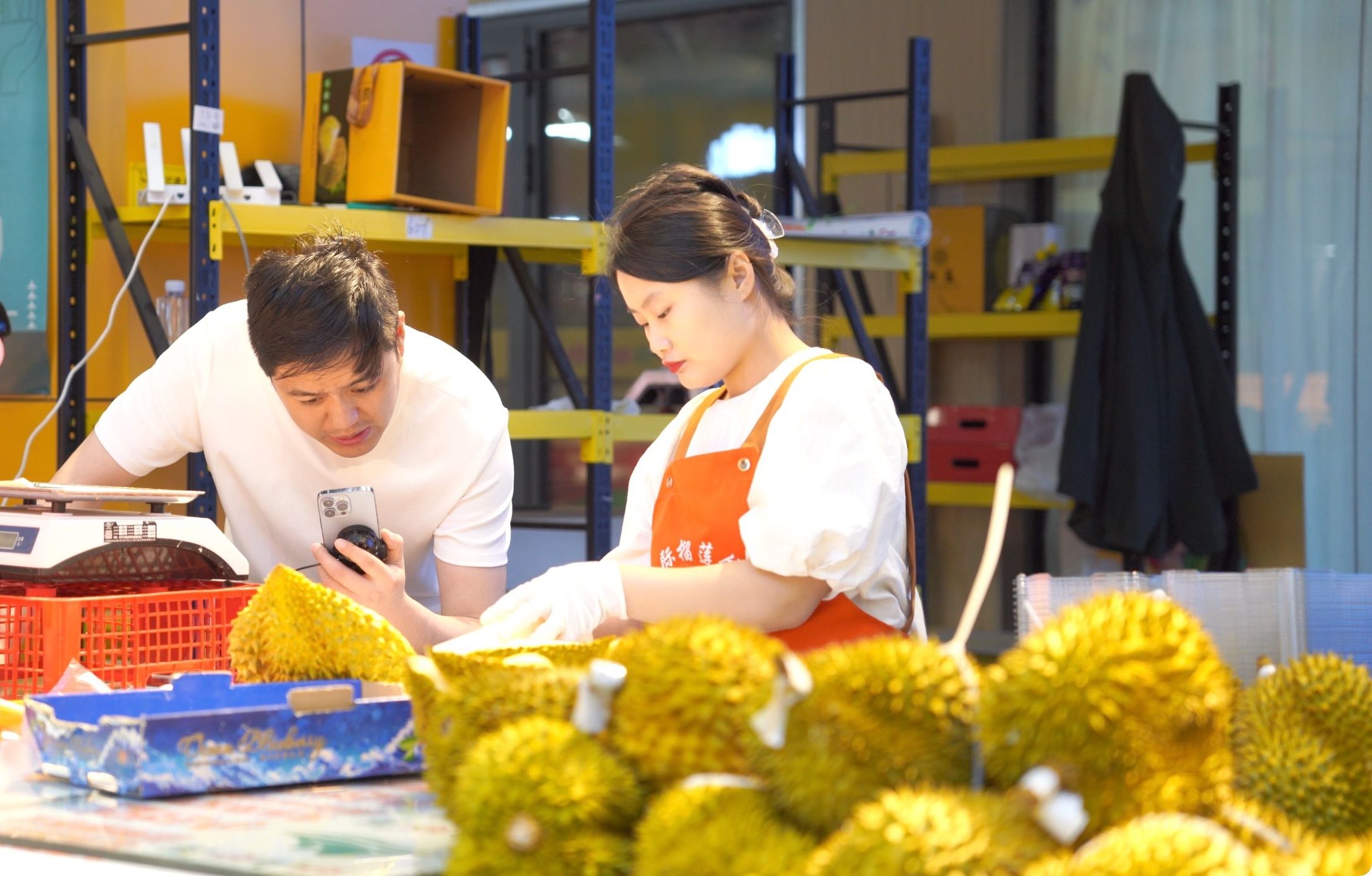 榴蓮商家正在通過手機直播銷售榴蓮。人民網(wǎng)記者申佳平 攝