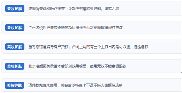 網(wǎng)友涉及醫(yī)美機(jī)構(gòu)虛假宣傳、誘導(dǎo)消費(fèi)、致傷客戶(hù)、違約不退費(fèi)等消費(fèi)侵權(quán)的相關(guān)投訴。（“人民投訴”用戶(hù)投訴截圖）