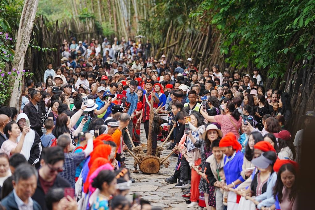5月3日，各地游客在滄源縣翁丁村和村民一起參加佤族傳統(tǒng)民俗拉木鼓活動。（滄源縣融媒體中心供圖）