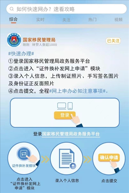 國(guó)家移民管理局出入境證件“全程網(wǎng)辦”流程。圖片來(lái)源：微信公眾號(hào)“國(guó)家移民管理局”