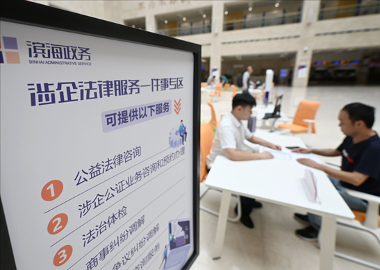 在天津?yàn)I海新區(qū)政務(wù)服務(wù)中心，工作人員在“涉企法律服務(wù)一件事”專區(qū)為市民提供服務(wù)（2024年7月31日攝）。新華社記者 趙子碩 攝
