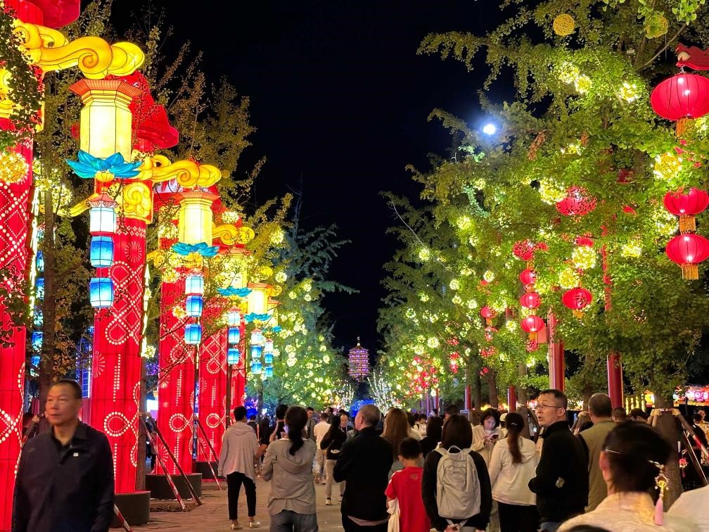 市民游客在2024年北京中秋國慶彩燈游園會(huì)欣賞彩燈。新華社記者楊淑君 攝