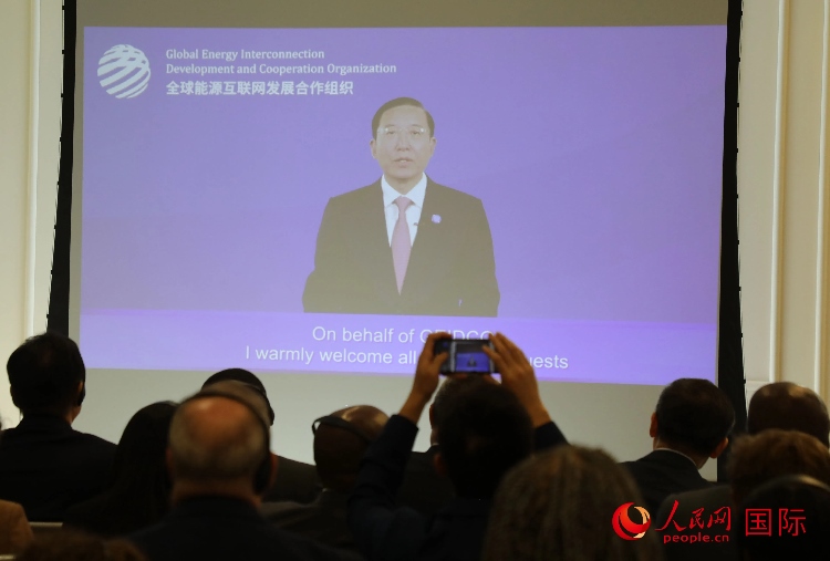 全球能源互聯(lián)網(wǎng)發(fā)展合作組織主席、中國電力企業(yè)聯(lián)合會理事長辛保安通過視頻方式致辭。人民網(wǎng)記者 李志偉攝