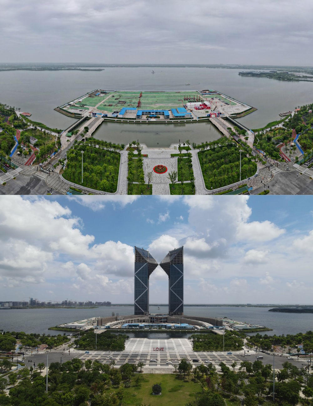 拼版照片：空中俯瞰中國（上海）自由貿(mào)易試驗區(qū)臨港新片區(qū)滴水湖西島中銀金融中心項目現(xiàn)場（上圖為2021年6月20日攝，無人機照片；下圖為2024年8月14日攝，無人機照片）。2019年8月20日，臨港新片區(qū)揭牌成立，一個開放新高地在長江與東海交匯處日益崛起。