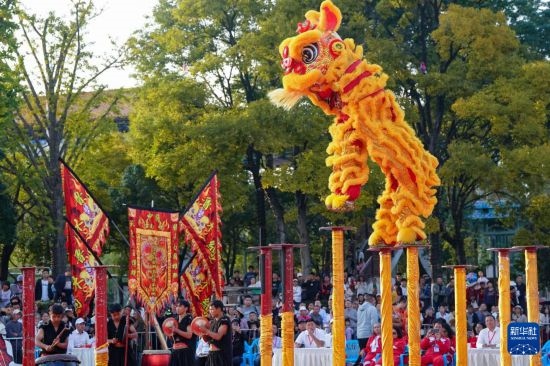10月19日，云南魯木納龍獅藝術(shù)團隊員在南獅高樁自選套路項目中比賽，最終他們獲得該項目銅獎。