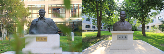 △左圖為中央黨校（國家行政學院）校園內的焦裕祿雕塑，右圖為校園內的谷文昌雕塑。
