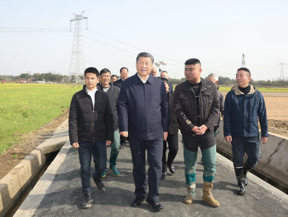 2024年3月19日，習近平在湖南省常德市鼎城區(qū)謝家鋪鎮(zhèn)港中坪村，同種糧大戶、農(nóng)技人員、基層干部親切交流。習近平強調(diào)：“要建設好高標準農(nóng)田，推行適度規(guī)模經(jīng)營，加強政策支持和示范引領，加大良種、良機、良法推廣力度，在精耕細作上下功夫，進一步把糧食單產(chǎn)和品質(zhì)提上去，讓種糧也能夠致富，進而吸引更多農(nóng)戶參與發(fā)展現(xiàn)代化大農(nóng)業(yè)，真正把中國特色農(nóng)業(yè)現(xiàn)代化之路走穩(wěn)走扎實?！? width=