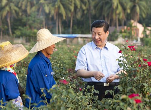 △2013年4月9日，習(xí)近平總書記在海南亞龍灣蘭德玫瑰風(fēng)情產(chǎn)業(yè)園向花農(nóng)了解玫瑰種植管理技術(shù)。