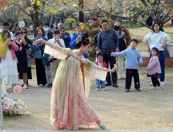 清明假期期間，上海顧村公園櫻花島上，游客在觀賞國(guó)風(fēng)漢服快閃表演。（圖片來(lái)源：視覺(jué)中國(guó)）