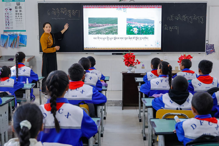 2024年9月27日，在四川省甘孜藏族自治州道孚縣城關(guān)第一完全小學(xué)，采取“藏加模式”教學(xué)的五年級一班的藏語文課上，準木周老師指導(dǎo)藏族學(xué)生以家鄉(xiāng)草原風(fēng)物為主題寫作藏語文作文。新華社記者 沈伯韓 攝